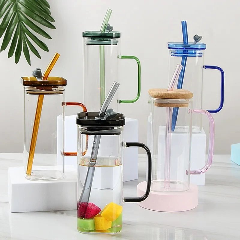 Multi-Color Square Glass Mug With Handle, Straw & Wooden Lid, Drinking Glass, Glass Cups with Lids and Straw