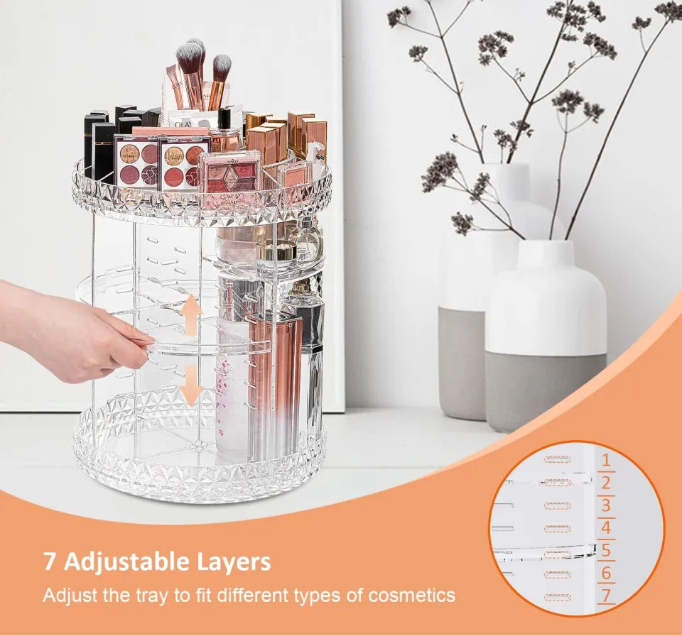 Makeup Organizer, 360 Degree Rotating Cosmetic Storage Organizer, 7-Layer Adjustable Makeup Display Case