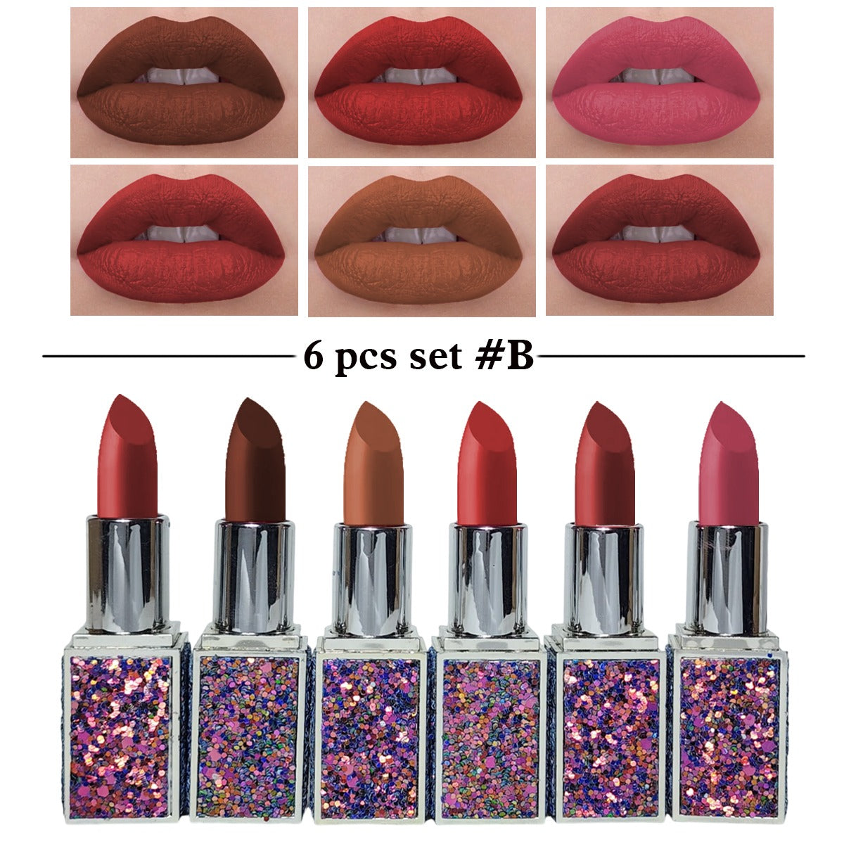 Heng Fang 6pcs Glitter Matte Finish Casing Matte Lipstick Set